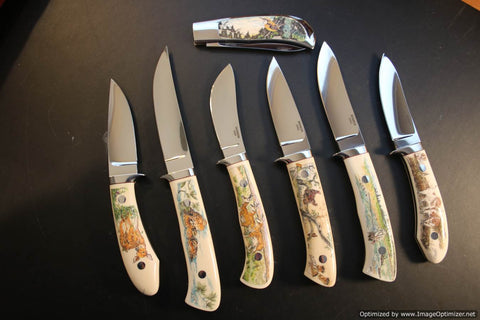 George Herron Seven Piece Wildlife Set. Scrimshaw By Sandra Brady.