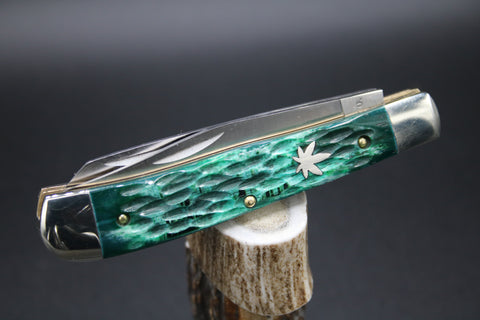 Cooper Cutlery, #6219 Weed & Co Green Jigged Bone Trapper Knife. Free Weed Hat