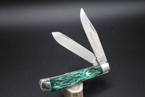 Cooper Cutlery, #6219 Weed & Co Green Jigged Bone Trapper Knife. Free Weed Hat