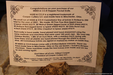 Cooper Cutlery 7219OAK Weed & Co Connoisseur Ohio Oak Wood Trapper. 50 Made 2021
