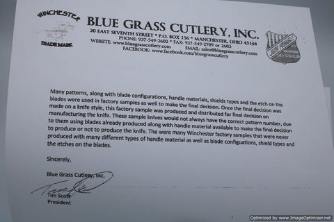 BLUE GRASS CUTLERY WINCHESTER FACTORY SAMPLE-ISSUED 1998 TOOTHPICK.